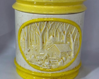 Vintage Ceramic Yellow Hershey 3D Country Scene Cookie Jar Canister Cabin Scene