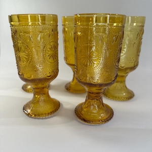Vintage 5pc Amber Glass Goblets in the American Concord pattern by Brockway Glass Company