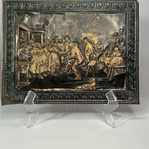 Vintage Copper &quot;Dancing in a Tavern&quot; Embossing USSR Metal Knocked Down Stamping, Relief Picture, Russia