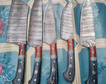 Custom Hand Forged, Damascus steel, Chef Knife set 5 pcs, kitchen knives set, with Leather Roll Bag
