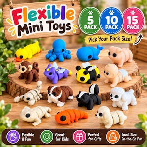 May include: A collection of flexible mini toys in various animal and creature shapes, including a yellow duck, blue octopus, whale, pig, monkey, purple dragon, bee, baby, scorpion, dog, skunk, poodle, lizard, caterpillar, and puppy on a wood base.