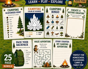May include: A 25-page camping activity pack for kids featuring printable sheets including a scavenger hunt, campfire color by number, bingo, nature creature drawing, backpack packing list, maze adventure, and a story starter with camping graphics.