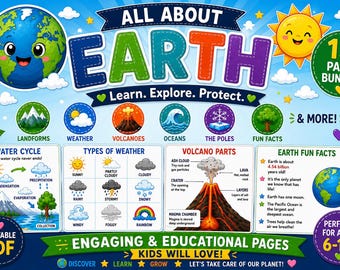 May include: A 15-page educational bundle titled All About Earth featuring colorful illustrations of the planet, sun, water cycle, weather types, and volcano parts. The printable PDF includes fun facts, diagrams, and text for children ages 6-12.
