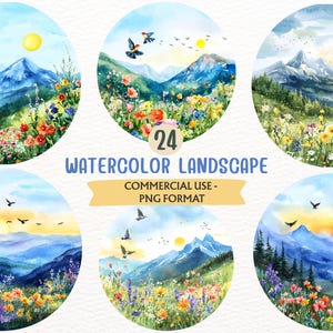 Watercolor Mountain Landscape, Summer Floral Clipart, Wildflower PNG  (Digital Download, Commercial Use)