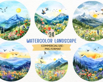 Paesaggio montano ad acquerello, clipart floreale estivo, fiori selvatici in formato PNG (download digitale, uso commerciale)