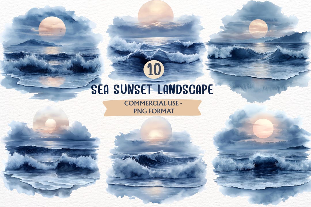 Watercolor Ocean Sunset, Sea Landscape, Summer PNG, Beach Clipart ...
