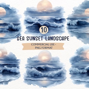 Watercolor Ocean Sunset, Sea Landscape, Summer PNG, Beach Clipart (Digital Download, Commercial Use)