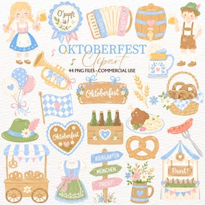 May include: A collection of Oktoberfest-themed digital illustrations featuring a girl and boy in traditional attire, an accordion, beer barrel, pretzels, sausages, beer mugs, a wooden sign reading Oktoberfest, and various festive decorations.