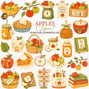 May include: A collection of watercolor apple-themed illustrations including a wheelbarrow, scale, wooden crate, mason jar, pie, caramel apple, candle, basket, mug, cider, notebook, signpost, tote bag, and books with text like APPLES Clipart and Fall Days.