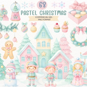 Può includere: Una collezione di illustrazioni natalizie pastello. L'immagine include case, alberi, elfi, un pupazzo di neve, un omino di pan di zenzero, ornamenti e una giostra. Il testo "PASTEL CHRISTMAS" è visualizzato al centro.