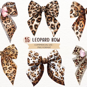 Puede incluir: Ilustraciones de acuarela de lazos con estampado de leopardo en varios estilos. Algunos lazos tienen detalles en rosa y adornos de pedrería. La imagen incluye el texto "15 LEOPARD BOW" y "COMMERCIAL USE - PNG FORMAT".