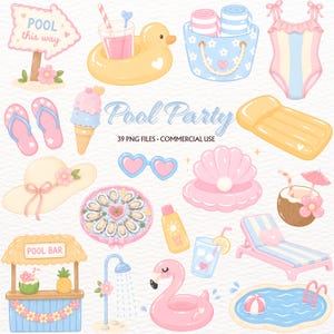 May include: A set of watercolour illustrations with a pool party theme. Includes a sign saying "Pool this way", a duck float, sunglasses, a swimsuit, a pool bar, a flamingo float, and other summer-themed items. The text "Pool Party" and "39 PNG FILES - COMMERCIAL USE" are also visible.