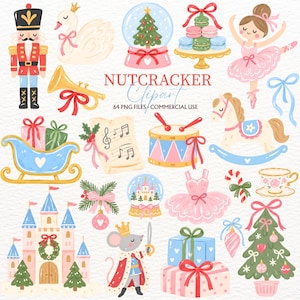 Puede incluir: Una colección digital de ilustraciones con temática de Cascanueces que incluye un soldado, un cisne, bolas de nieve, macarons, una bailarina, una trompeta, un trineo, partituras, un tambor, un caballo balancín, un castillo y un árbol de Navidad.