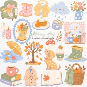 Puede incluir: Una colección de ilustraciones digitales con temas de días lluviosos, incluyendo un gato en una silla, botas de lluvia amarillas, un impermeable, una nube, un florero, velas, pastel de calabaza, una ventana, un paraguas, un árbol y una cesta.