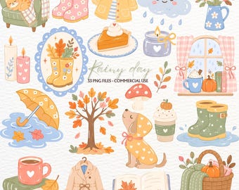 May include: A collection of digital illustrations featuring rainy day themes including a cat in a chair, yellow rain boots, a raincoat, a rain cloud, a flower vase, candles, a pumpkin pie, a window scene, an umbrella, a tree, a dog, and a basket.