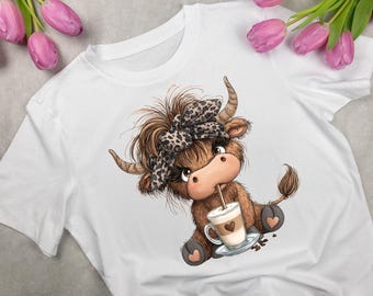 Skurril Highland Kuh Clipart, Valentinstag Tier Png, Leopard Bogen Png, Kaffee T-Shirt Design