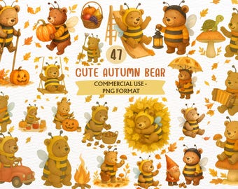 Watercolor Woodland, Autumn Bear Clipart,  Fall Forest Png, Halloween Animals (Commercial License, Digital Download)