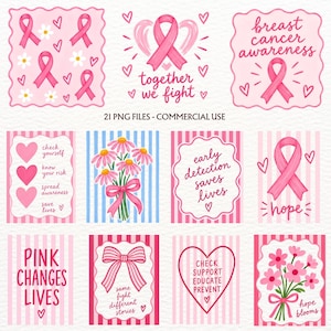 Puede incluir: Una colección de ilustraciones digitales con lazos rosas de concienciación sobre el cáncer de mama, corazones, margaritas y ramos. El texto incluye "together we fight", "breast cancer awareness", "early detection saves lives" y "hope".