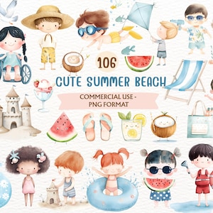 Cute Summer Beach Clipart / Watercolor Baby Clipart Ocean / Nursery Baby Illustration / Summer Vacation Clipart / Summer Vibes Bundle Png