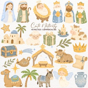 May include: A collection of watercolour illustrations featuring a nativity scene with figures of Mary, Joseph, baby Jesus, three kings, an angel, a camel, a donkey, a cow, a sheep, a stable, a star, a palm tree, a chest, a gift, and a scroll.