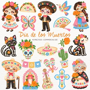 May include: A digital collection of Dia de los Muertos themed illustrations featuring characters with sugar skull face paint, a cat, a dog, a taco, a butterfly, a hummingbird, a guitar, marigolds, a cactus, and a sombrero.