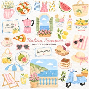 Op de afbeelding: Waterverfillustratie met een Italiaans zomerthema. Bevat afbeeldingen van eten, drinken en zomerse items zoals pizza, gelato, citroenen, een scooter en een strandscène. Tekst bevat "Italian Summer" en "buongiorno".