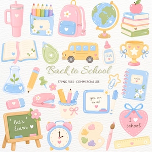 Könnte beinhalten: Eine Sammlung pastellfarbener Schulsachen, darunter ein rosa Becher, Rucksack, Globus, Bücher, gelber Bus, Kleber, Trophäe, Kolben, Bleistift, Hefter, Wecker, Farbpalette, Lineal und eine Tafel mit der Aufschrift let's learn.