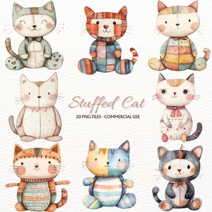 Patchwork Stuffed Cat Clipart , Plush Toy Animals Png , Nursery Kitten Illustration , Kids Room Wall Art , Baby Shower Printable