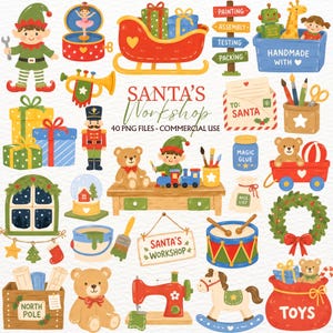Könnte beinhalten: Eine Sammlung von Illustrationen zum Thema Weihnachtswerkstatt mit einem Elf, einem roten Schlitten, einem Nussknacker, Teddybären, einer Nähmaschine, einem Schaukelpferd, Geschenken, einem Spielzeugeisenbahnzug und einem Santa's Workshop Schild.