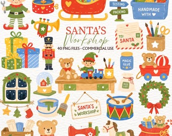 Peut inclure: Une collection d'illustrations numériques sur le thème de Noël comprenant un elfe, un traîneau rouge, un casse-noisette, des ours en peluche, une machine à coudre, un cheval à bascule, des cadeaux, un train, un tambour et des panneaux.