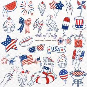 May include: A collection of red, white, and blue 4th of July themed illustrations including a watermelon slice, fireworks, ice cream, balloons, a bald eagle, a hot dog, sunglasses, a mason jar, flags, a person on a float, and a grill.