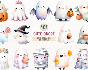 Watercolor Halloween Ghost, Spooky Season Clipart, Cozy Autumn PNG Pumpkin (Commercial Use, Digital Download)