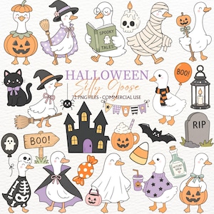 May include: A collection of digital illustrations featuring white geese in various Halloween costumes, including a pumpkin, witch, mummy, and ghost. The set includes a haunted house, a black cat, a bat, candy, and text reading HALLOWEEN Silly Goose.