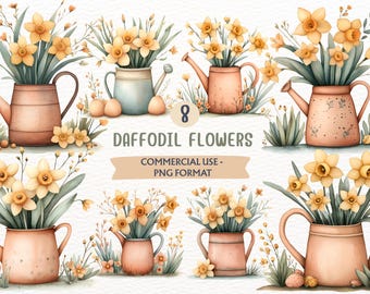 Watercolor Daffodil, Spring Clipart, Yellow Floral PNG, Flower Bouquet Bundle (Digital Download, Commercial Use)