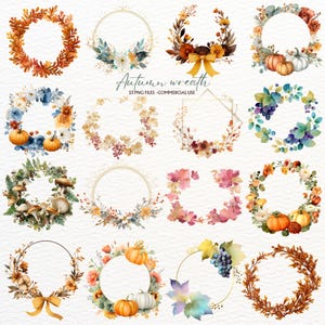 Può includere: Una collezione di sedici ghirlande autunnali digitali ad acquerello con zucche, funghi, uva, fogliame autunnale e cornici geometriche dorate. Il testo recita Autumn wreath 53 PNG FILES - COMMERCIAL USE. Queste illustrazioni mostrano vari motivi stagionali.