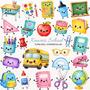 Clipart per il ritorno a scuola, illustrazioni kawaii per l'asilo, decorazioni PNG per la classe, decorazioni murali per la cameretta dei bambini, materiale didattico stampabile