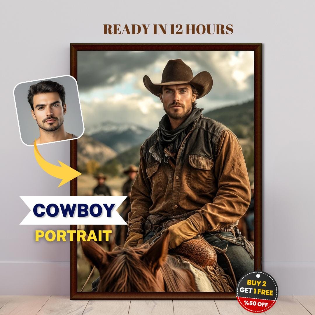 Custom Cowboy Portrait From Photo, Fathers Day Gift, Western Art from Photo,Personalized Cowboy Design, Male Portrait