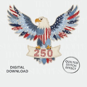 Patriotic Eagle 250 shirt met patchwork appliqué, Fourth of July gewatteerde Americana bannerafbeelding