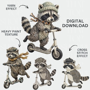 May include: Digital download of raccoon illustrations on scooters. The raccoons are shown with yarn, heavy paint, and cross-stitch effects. Each raccoon wears a hat and scarf, and the scooters are in neutral colours.