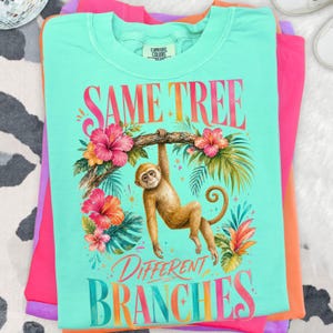 May include: A turquoise t-shirt featuring the text "SAME TREE DIFFERENT BRANCHES" and a watercolour illustration of a monkey hanging from a branch with flowers. The shirt is stacked with other colourful shirts.