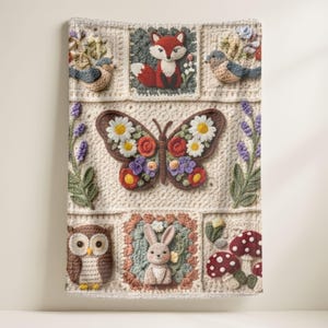 May include: A cream-colored crochet blanket featuring a whimsical forest theme. The blanket showcases a fox, owl, bunny, butterfly, birds, mushrooms, and flowers. The design incorporates various colors, including red, brown, white, and purple.