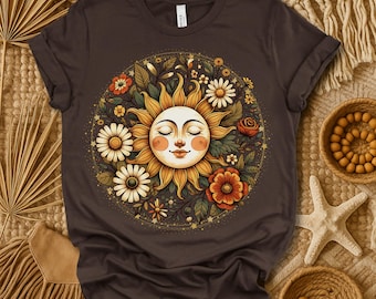 Boho Sun Face T-Shirt | Celestial Floral Design