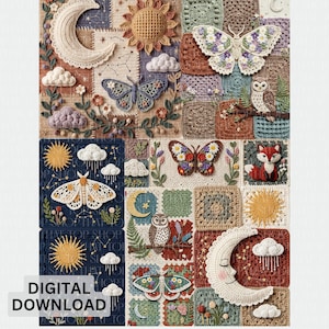 May include: A digital download featuring a patchwork design with crochet elements. The design includes a crescent moon, sun, clouds, butterflies, an owl, and a fox. The text "DIGITAL DOWNLOAD" is visible at the bottom.