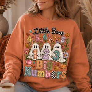 May include: An orange crewneck sweatshirt featuring a graphic print with the text Little Boos Big Numbers. The design includes three white ghost illustrations holding the numbers 1, 2, and 3, surrounded by colourful flowers, leaves, and numbers 4 through 9.