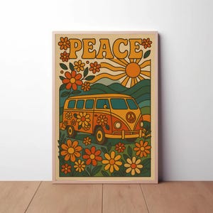 Póster psicodélico de la paz - Arte mural hippie alucinante - Impresión retro de los años 70 - Decoración de estudio bohemia colorida - Arte con el símbolo de la paz - Paz