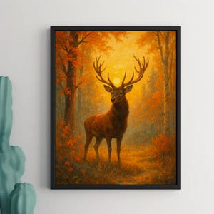 Majestätische Herbst Hirsch Wand Kunst - Warmer Wald Tier Druck - Herbst Wald Hirsch Poster - Gemütliche Natur Wohnkultur - Rustikale Wildtier Illustration