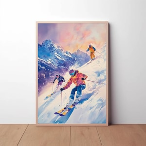 Alps Skiing Mountains Poster Print, Les Alpes Mountains Poster, Alps Print, Skiing Poster, Snow Wall Art, Ski Poster Art, Gift for Skiier