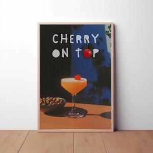 Cherry On Top Cocktail Poster - Retro minimalistischer Kunstdruck - Verspielte Bar Wanddekoration - Helles Küchen Kunstwerk - Schrulliger Typografie Druck