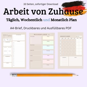Könnte beinhalten: Ein druckbarer PDF-Planer mit beigefarbenem Hintergrund. Der Planer umfasst tägliche, wöchentliche und monatliche Abschnitte. Der Text auf dem Planer lautet "Arbeit von Zuhause".