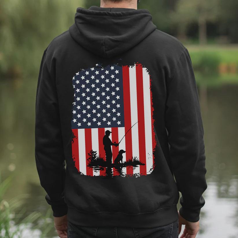 American Flag Fisherman with Dog Unisex Hoodie, Patriotic Dog Lover Apparel, Patriotic Hooded Sweatshirt